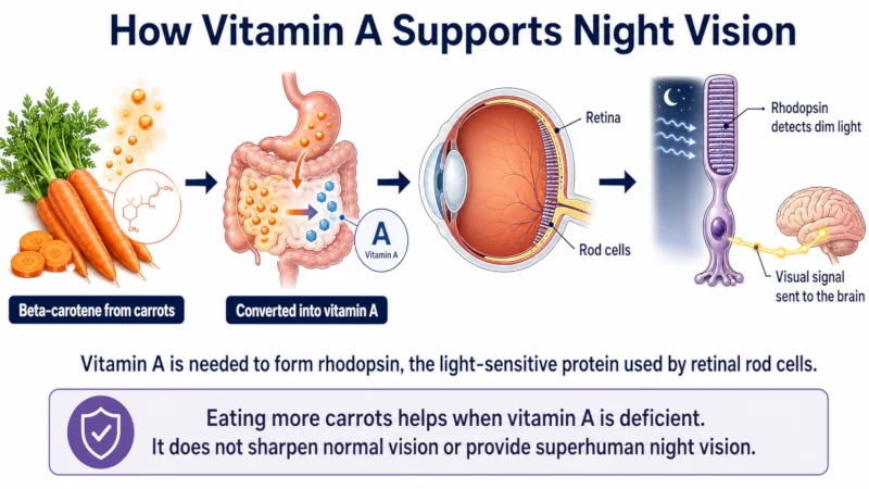 Diagram showing how vitamin A supports rhodopsin production in retinal rod cells for low-light vision.
