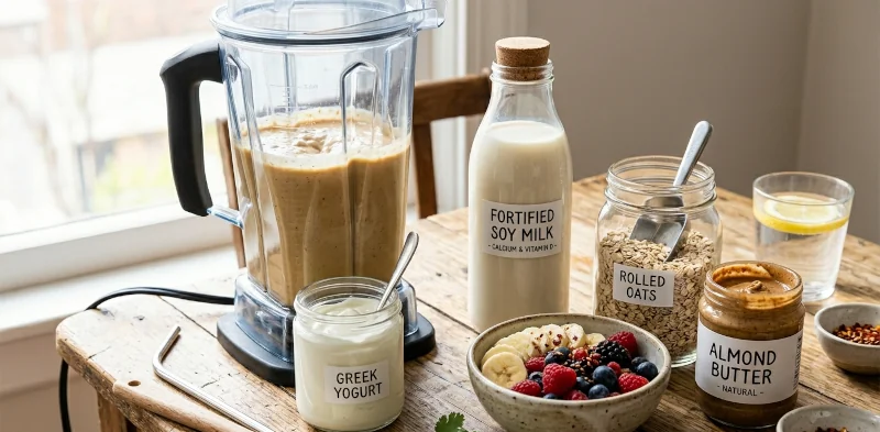 Smoothie ingredients for healthy weight gain including fortified soy milk, yogurt, fruit, oats, and nut butter.