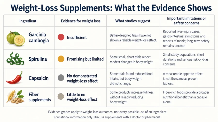 Table grading garcinia, spirulina, capsaicin and fiber supplements by evidence strength and reported concerns.