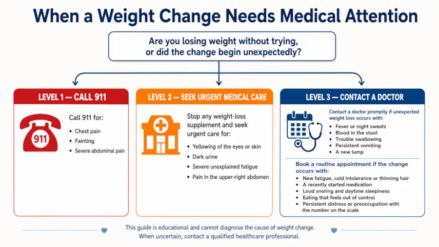 Decision tree showing which unexpected weight-change symptoms require emergency help, urgent care or a medical appointment.