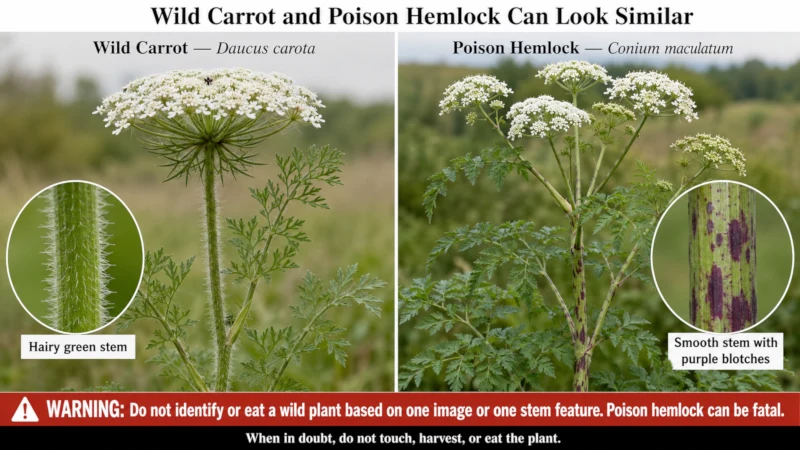 Side-by-side comparison of wild carrot's hairy green stem and poison hemlock's smooth, purple-blotched stem.