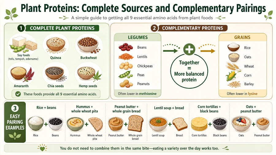 Diagram showing which plant proteins are complete and how legumes and grains complement each other.