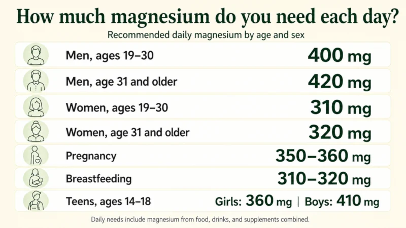 Recommended daily magnesium amounts for adult men, adult women, teenagers, pregnancy, and breastfeeding.