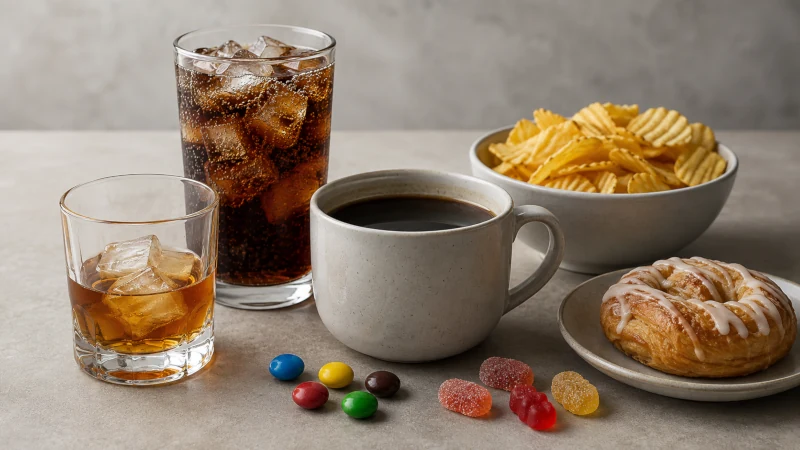 Coffee, alcoholic drink, sugary soda, candy, and processed snacks representing foods and drinks that may worsen stress