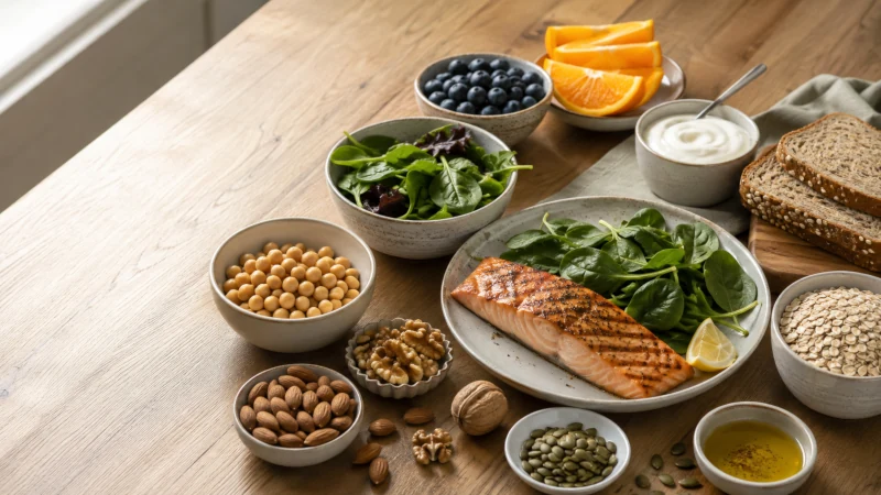 Salmon, leafy greens, chickpeas, oats, nuts, berries, and yogurt arranged as foods that may help reduce stress