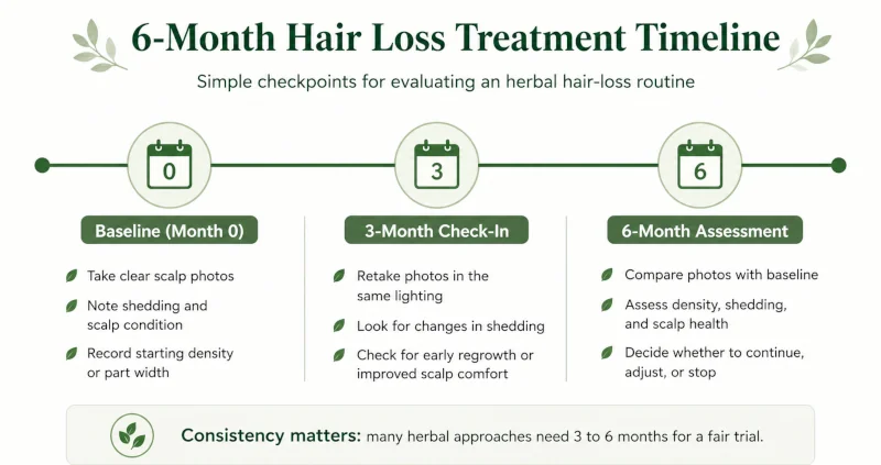Six-month timeline showing baseline, 3-month, and 6-month assessment points for evaluating herbal hair loss treatment.