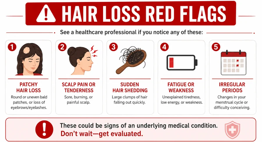 Checklist of red-flag hair-loss symptoms including patchy loss, scalp pain, sudden clumps, fatigue, and irregular periods.