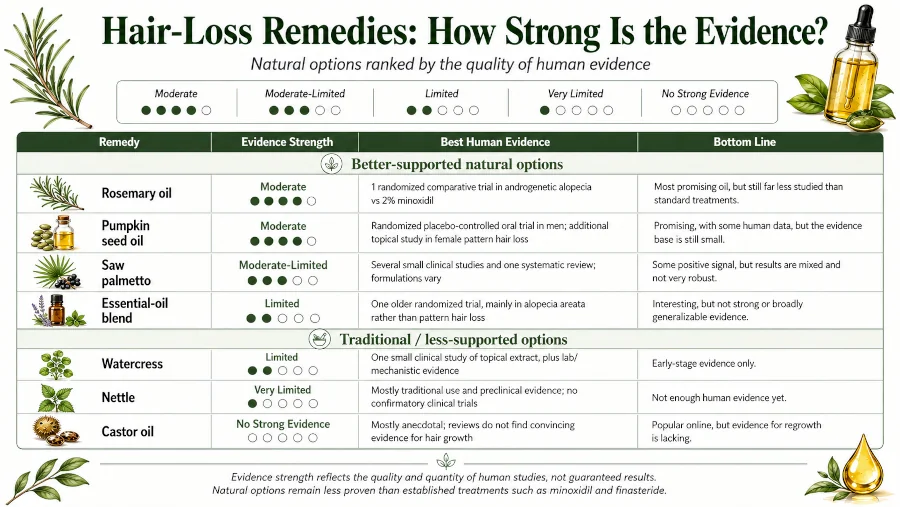 Comparison chart showing evidence strength for rosemary oil, pumpkin seed oil, saw palmetto, essential-oil blend versus traditional herbs like nettle, castor oil, watercress.