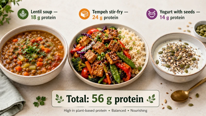 Three vegetarian meals — lentil soup, tempeh stir-fry, yogurt with seeds — totalling over 50 g protein.
