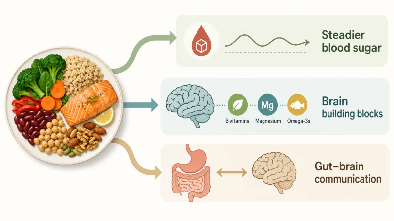 Diagram showing how food may influence stress through blood sugar, brain nutrients, and the gut-brain connection