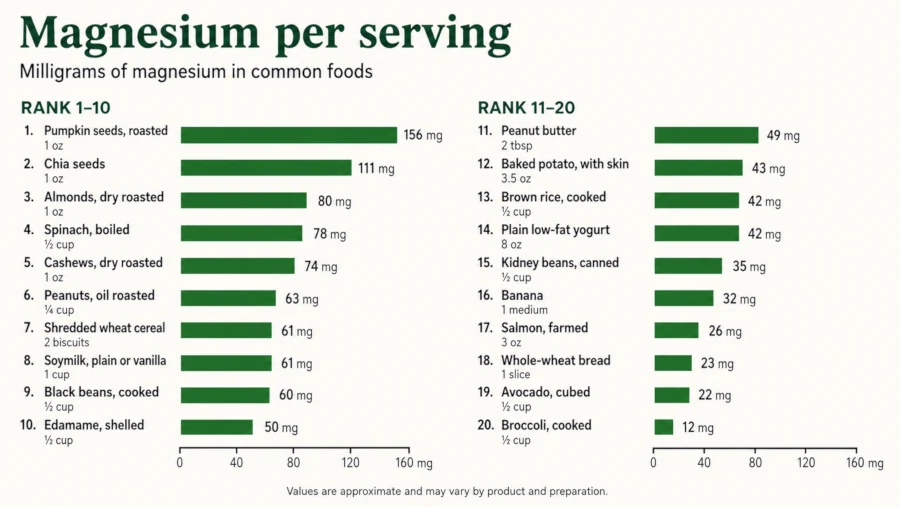 Bar chart comparing the magnesium per serving of pumpkin seeds, chia seeds, nuts, beans, grains, vegetables, and other foods.