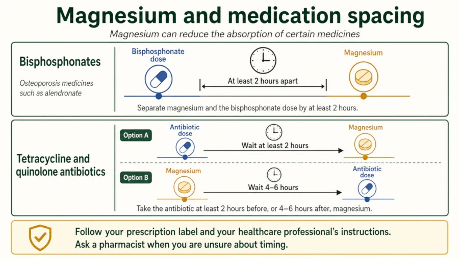 Timeline showing how magnesium should be separated from bisphosphonates and certain antibiotics.