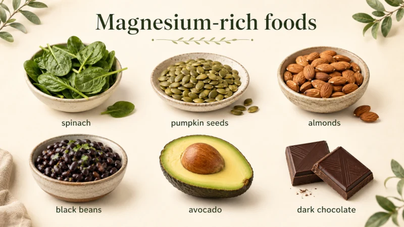 Spinach, pumpkin seeds, almonds, black beans, avocado, and dark chocolate as magnesium-rich foods