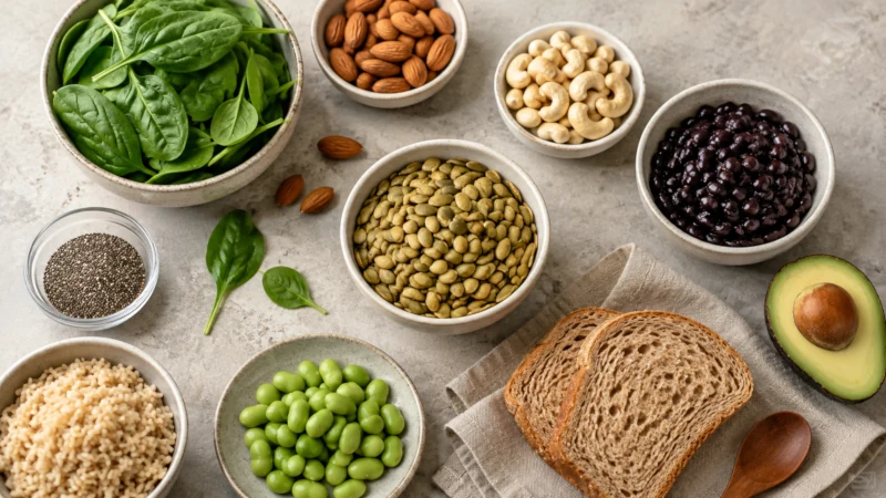 Pumpkin seeds, almonds, spinach, black beans, and whole grains arranged as magnesium-rich foods.