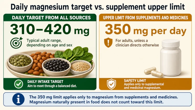 Comparison of adult daily magnesium targets with the 350 milligram upper limit for magnesium from supplements and medicines.