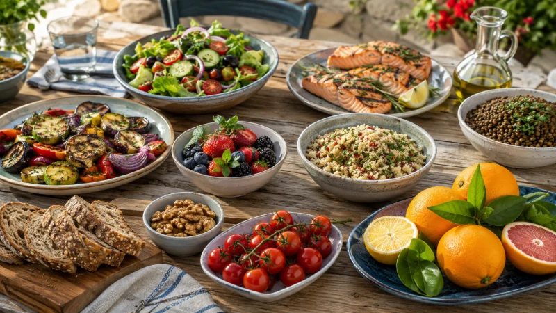 Mediterranean-style meal with vegetables, whole grains, beans, fish, olive oil, fruit, and nuts
