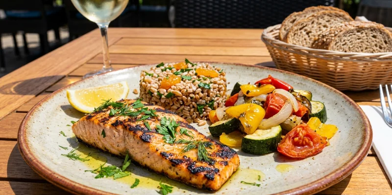 Plated Mediterranean meal with grilled salmon, olive oil, cooked vegetables, and whole grain.
