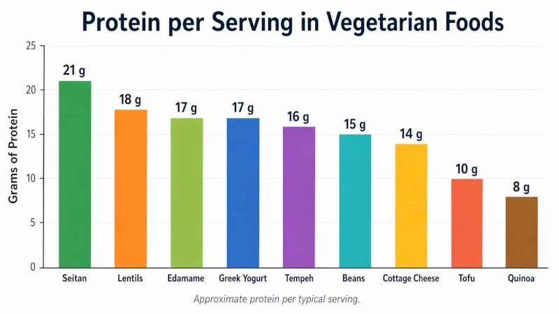 Bar chart comparing grams of protein per serving in seitan, lentils, tempeh, tofu, beans and other protein-rich vegetarian foods.