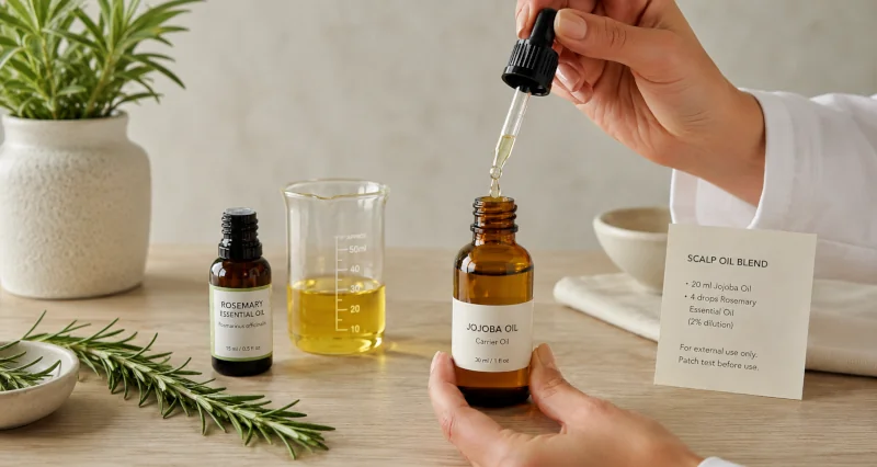 Rosemary essential oil being measured into a small bottle of jojoba carrier oil for safe scalp application.