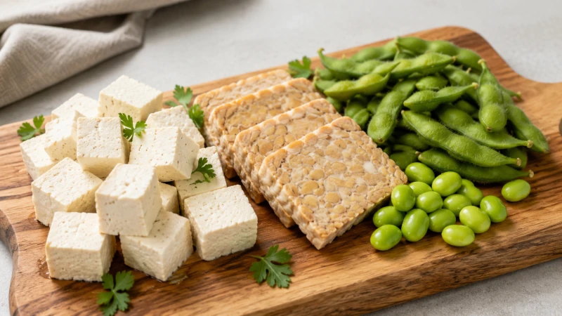 Tofu, tempeh and edamame arranged on a board as plant-based complete protein sources.