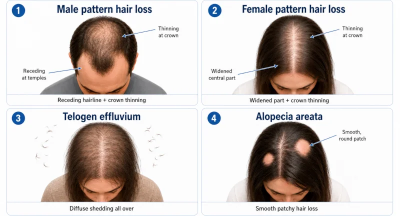 Scalp diagram showing male pattern, female pattern, telogen effluvium diffuse shedding, and alopecia areata patches