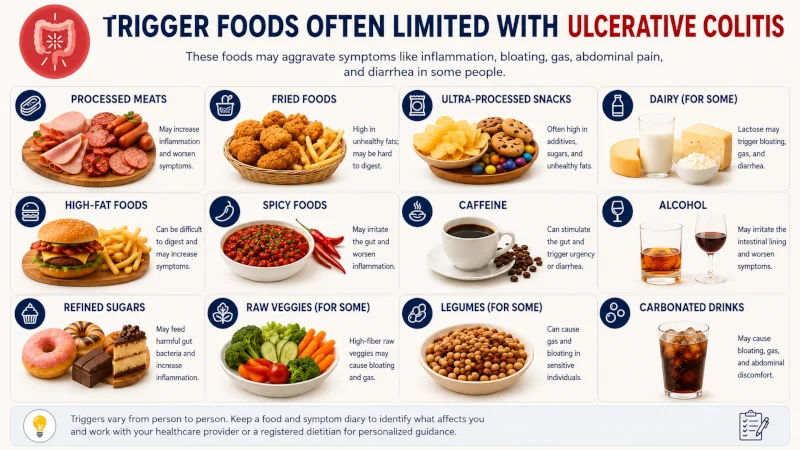 Grid of trigger foods often limited with ulcerative colitis including processed meat, fried food, and ultra-processed snacks.