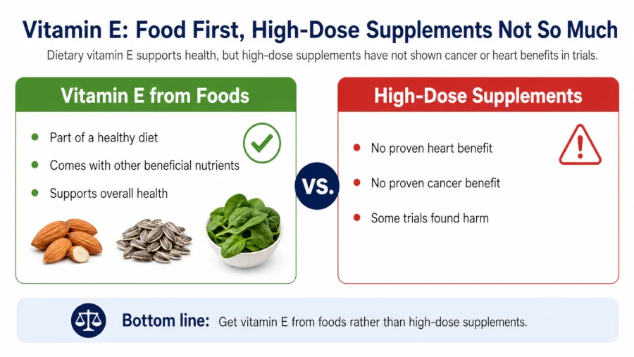 Comparison showing dietary vitamin E supports health while high-dose supplements showed no cancer or heart benefit and some harm in trials.