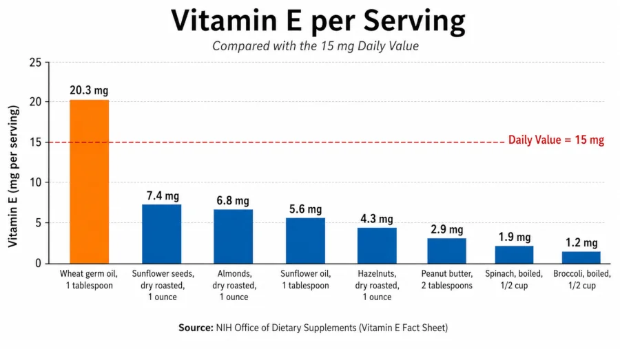 Bar chart comparing vitamin E in milligrams per serving for wheat germ oil, sunflower seeds, almonds and other foods against the 15 mg daily value.