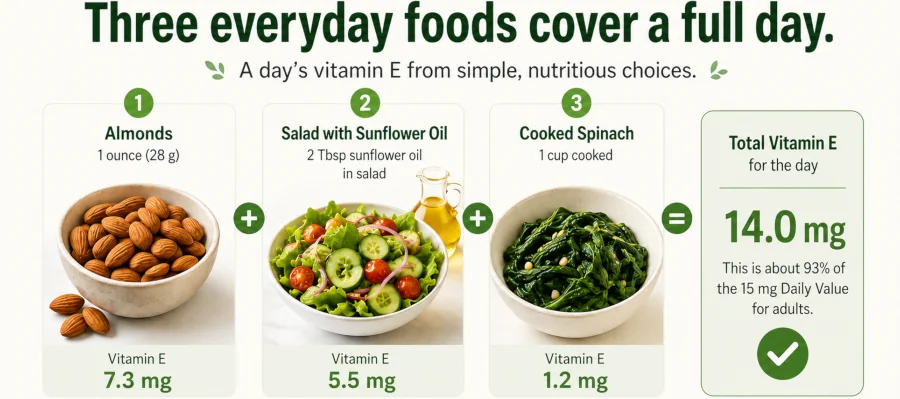 A day's vitamin E from an ounce of almonds, a salad with sunflower oil, and cooked spinach totaling about 14 mg." Caption: "Three everyday foods cover a full day.