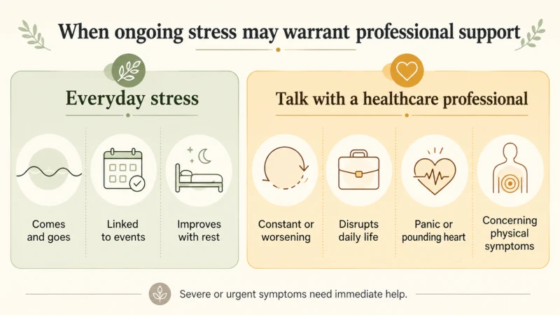 Health infographic showing signs that persistent stress or anxiety may warrant professional medical help
