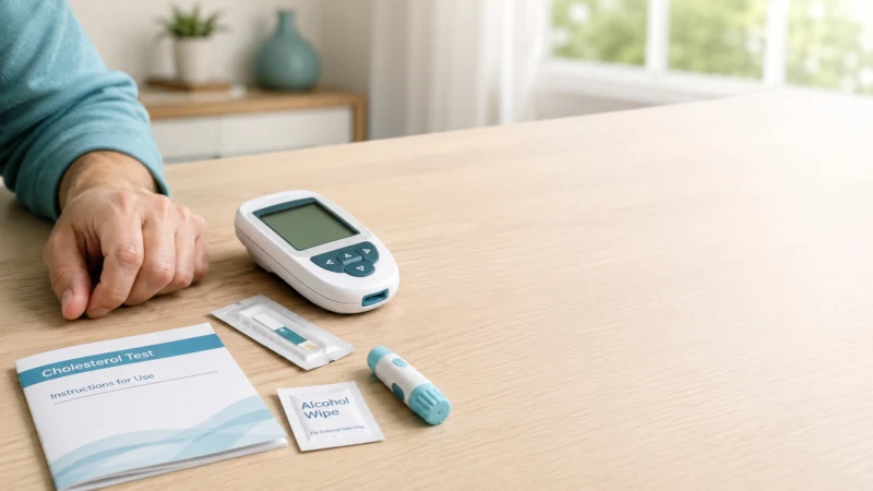 At-home cholesterol test kit with lipid meter, test strip and lancet