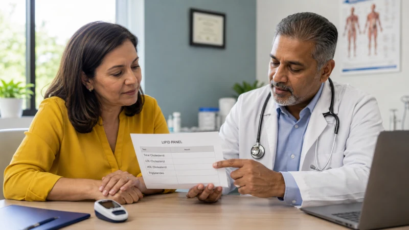 Doctor and patient reviewing cholesterol results after an at-home test