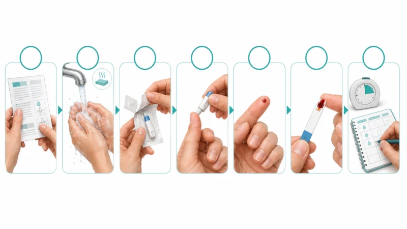 Steps for correctly performing a finger-prick cholesterol test at home