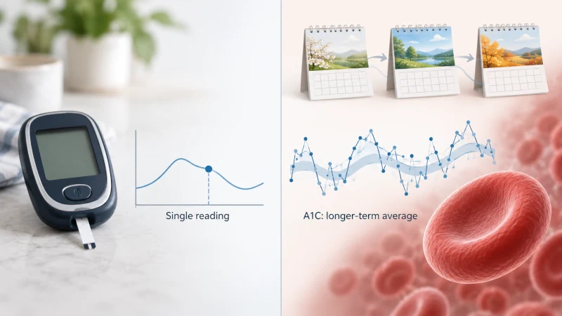 Illustration comparing a single blood sugar reading with the longer-term view provided by A1C