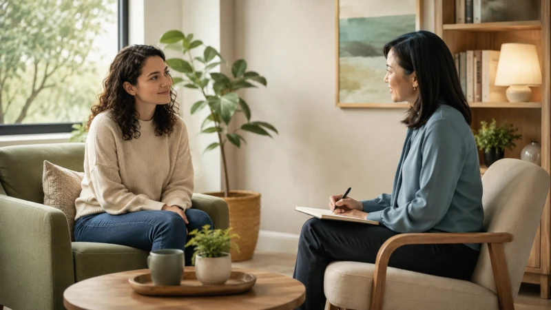 Adult talking with a healthcare professional about anxiety and depression in a calm supportive setting