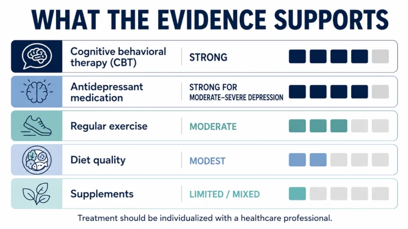 Evidence overview of CBT antidepressant medication exercise diet and supplements for anxiety and depression