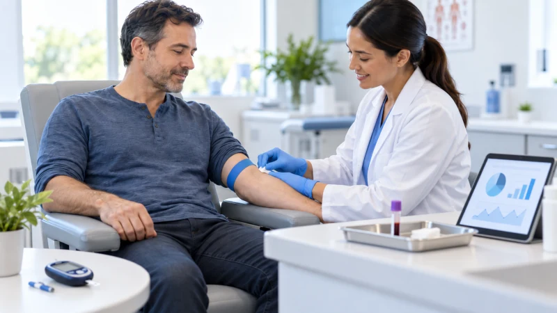 Healthcare professional preparing a laboratory blood test for diabetes screening