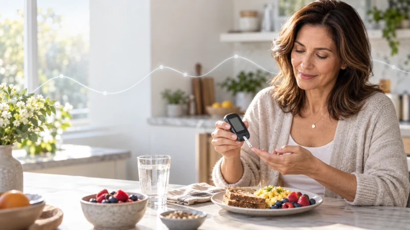 Person checking blood sugar at home with a glucose meter and healthy breakfast