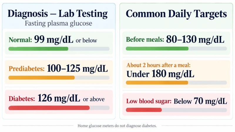 Blood sugar levels chart comparing diagnostic thresholds with daily diabetes targets