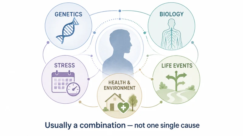 Illustration showing genetic biological psychological environmental and life factors that can contribute to anxiety and depression