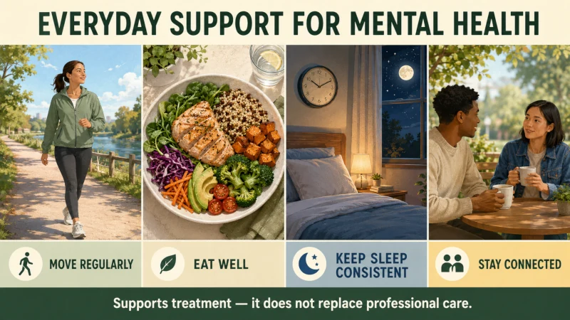 Four everyday habits that can support treatment for anxiety and depression including movement healthy food sleep and social connection