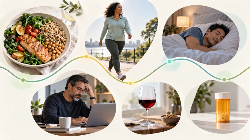 Illustration of food, exercise, sleep, stress, alcohol and medications affecting blood sugar