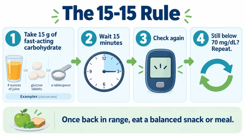 15-15 rule infographic for treating low blood sugar