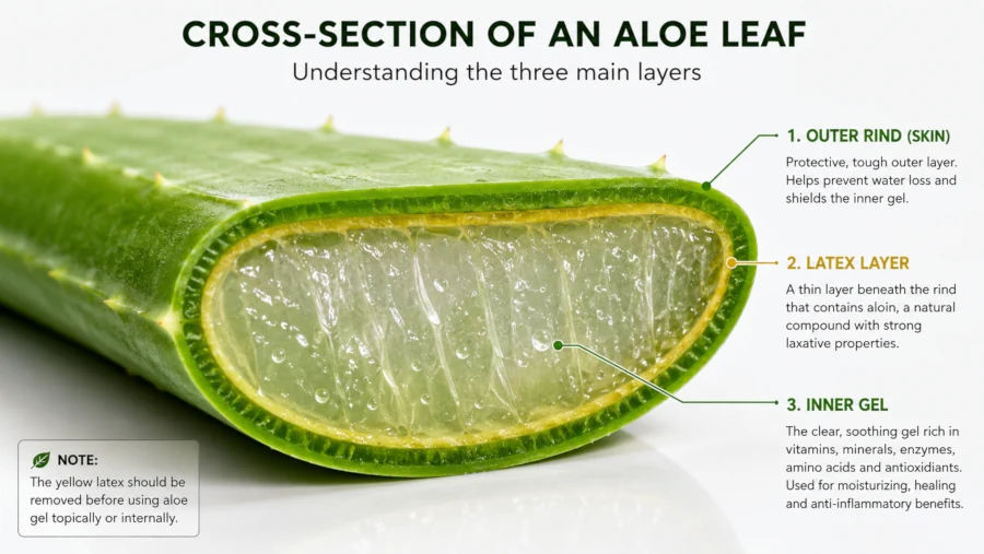 Cross-section diagram of an aloe leaf showing inner gel, latex layer and outer rind.
