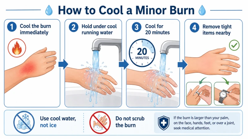 Step-by-step diagram of cooling a burn under running water.