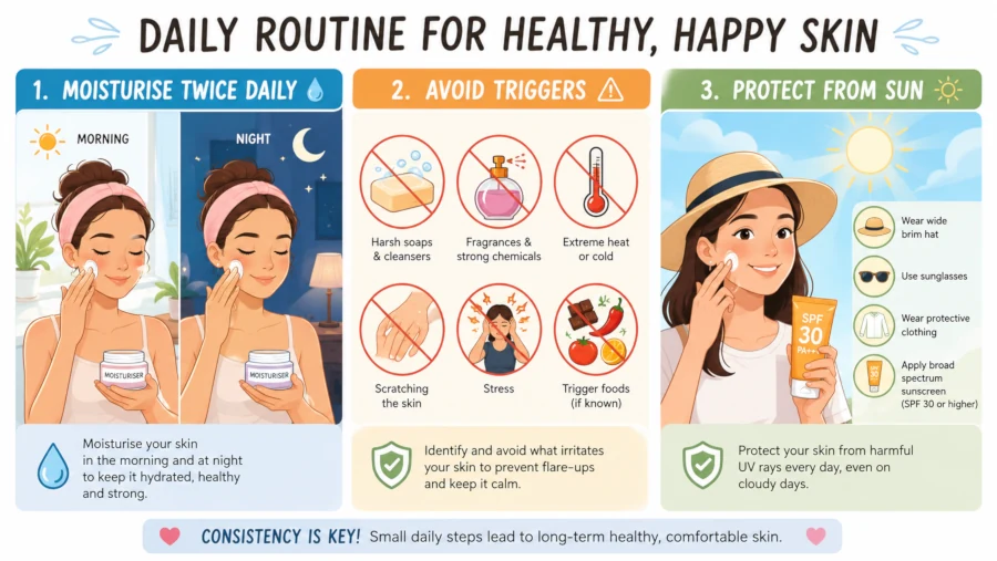 Illustrated daily routine: moisturise twice daily, avoid triggers, protect from sun.