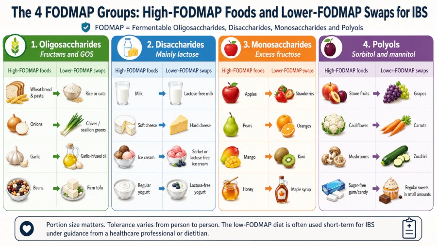 Chart of the four FODMAP groups with high-FODMAP foods and lower-FODMAP swaps for IBS.