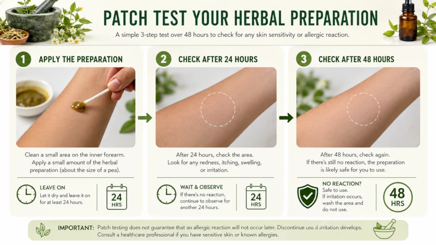 Three-step illustration of patch testing a herbal preparation on the inner forearm over 48 hours.