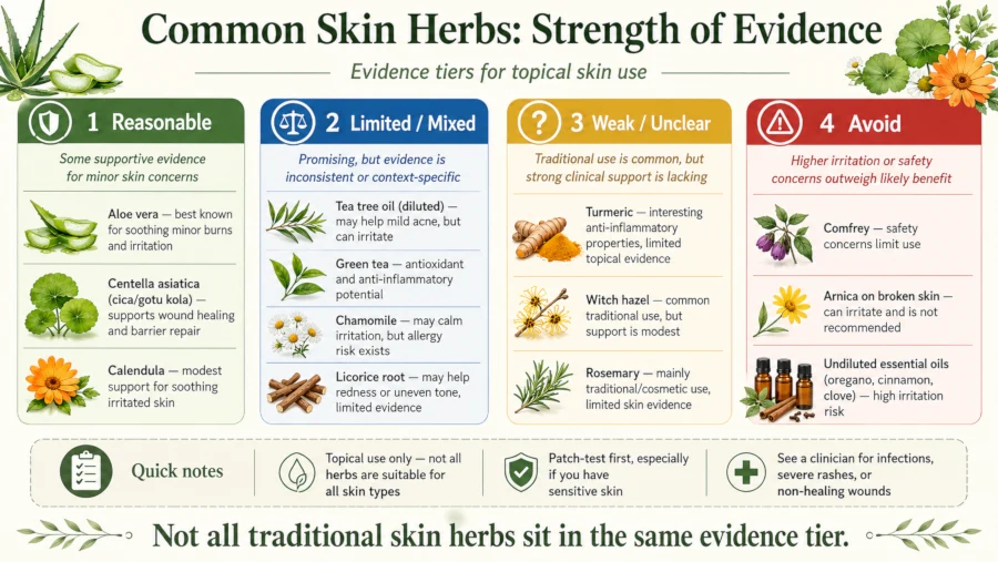 Chart grading common herbs for skin by strength of evidence, from reasonable to avoid. Caption: Not all traditional skin herbs sit in the same evidence tier.