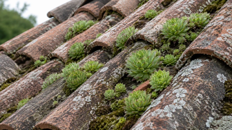 Houseleek plants growing between old roof tiles.